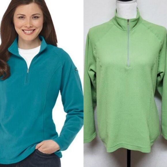 𝅺ll Bean Lime Green Quarter Zip Fleece Pullover Sweater Arm Pocket Mock Neck - Picture 1 of 12